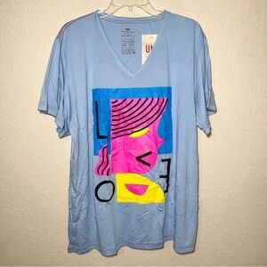 NWT Abstract Face Graphic Tee Women’s XXL Blue V Neck Artsy Casual